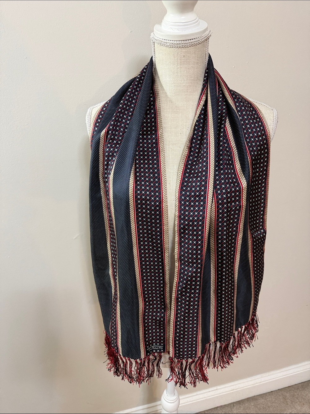 Talbots Navy, Red and Cream Striped Fringe Scarf